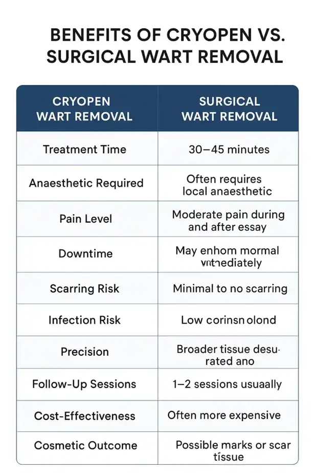Table showing the benefits of cryopen to remove warts Rainham compared to surgical treatment